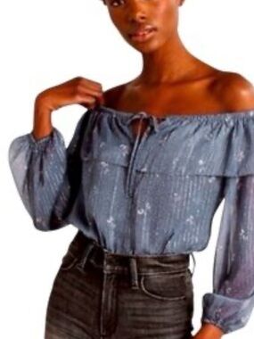 Abercrombie & Fitch Slate Blue Off-Shoulder Sheer Bodysuit